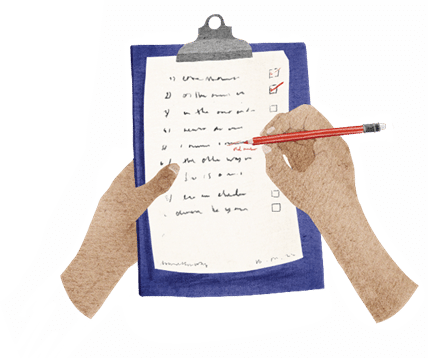 Illustration of a clipboard with a paper checklist showing several items, some checked off.