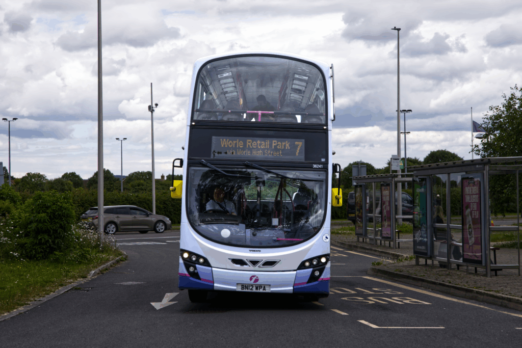 Front view of the number 7 Firstbus in Worle, Weston-super-Mare