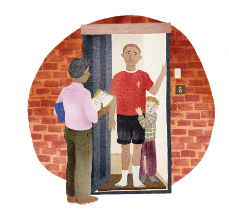 Illustration of a person conducting a doorstep travel survey, knocking on a front door while holding a clipboard and speaking to the residents.