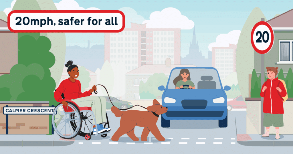 20mph, safer for all, illistration of a wheelchair user with a dog crossing the road with a car waiting and a 20mph road sign.