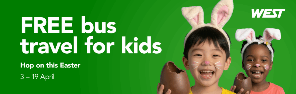 FREE bus travel for kids, Hop on this Easter, 3 - 19 April. showing 2 children with bunny ears on holding chocolate easter eggs