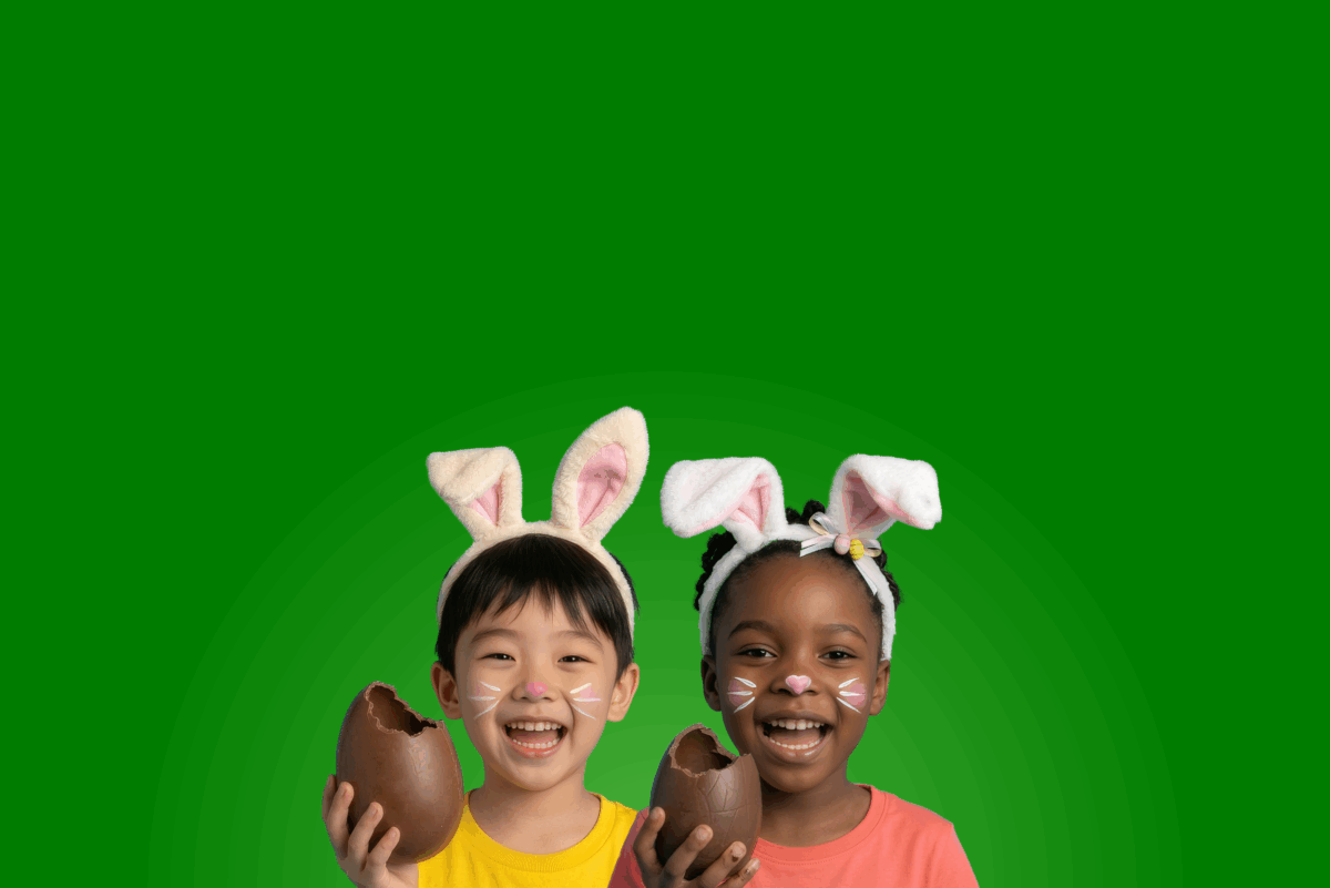 WEST green background and 2 children with bunny ears on holding chocolate easter eggs