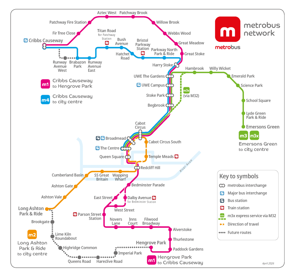A route map of the various metrobus routes throughout Bristol and Southglos