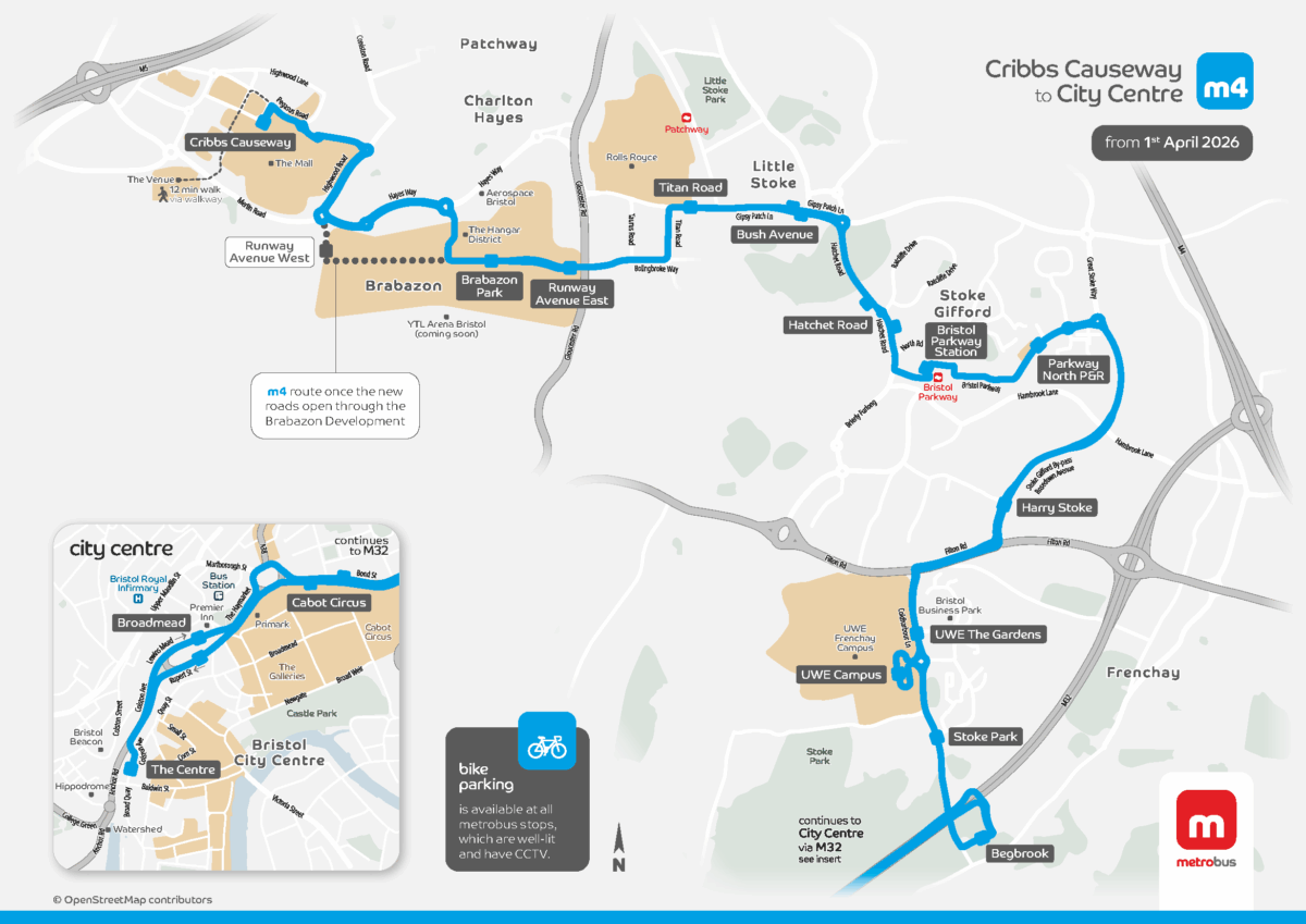 The m4 route map which runs from Cribbs Causeway to the City Centre via Brabazon, Little Stoke, Stoke Gifford, Bristol Parkway, UWE, Broadmead and the City Centre.