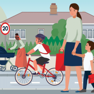 Illustration of a residential road and houses with a child on a bike, and 2 mums walking one, with a pram and the other with a younger child.