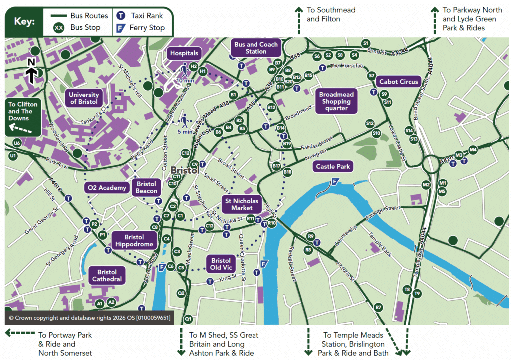 an image of the network map showing a schematic view of the bus routes routes within Bristol City Centre