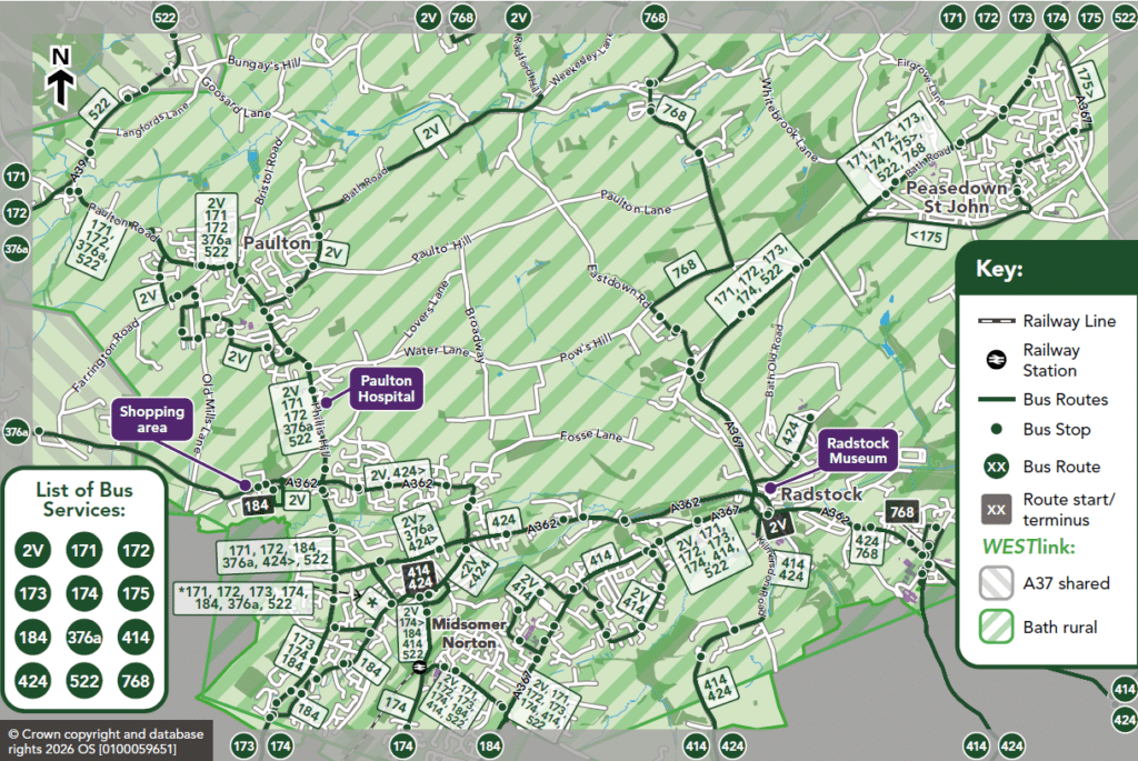 A map showing public bus routes. covering Midsomer Norton and Radstock areas
