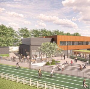 Visualisation of Bristol Regional Cycling Hub - showing part of the track & main building