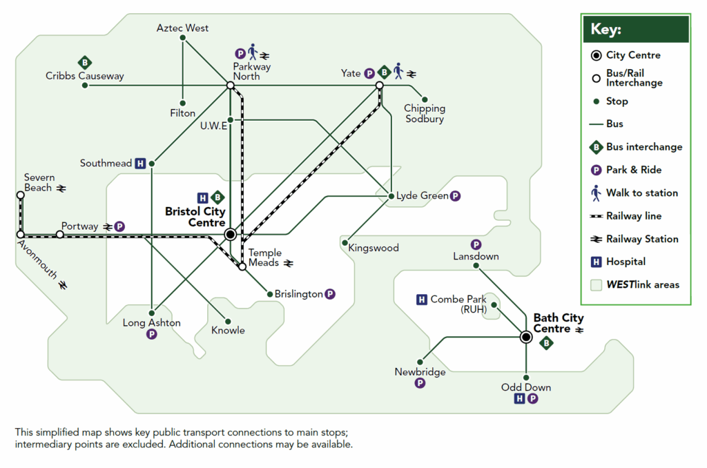 an image of the network map showing a schematic view of the park and ride routes within the West of England