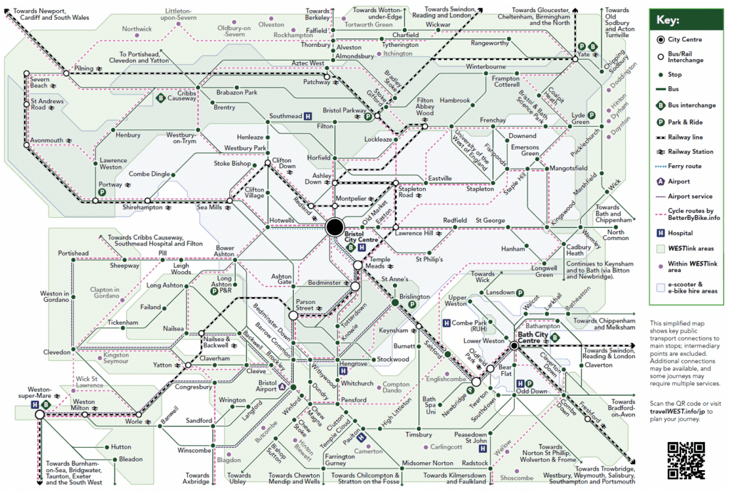 A network map image of all the sustainable transport routes and options across the West of England area.