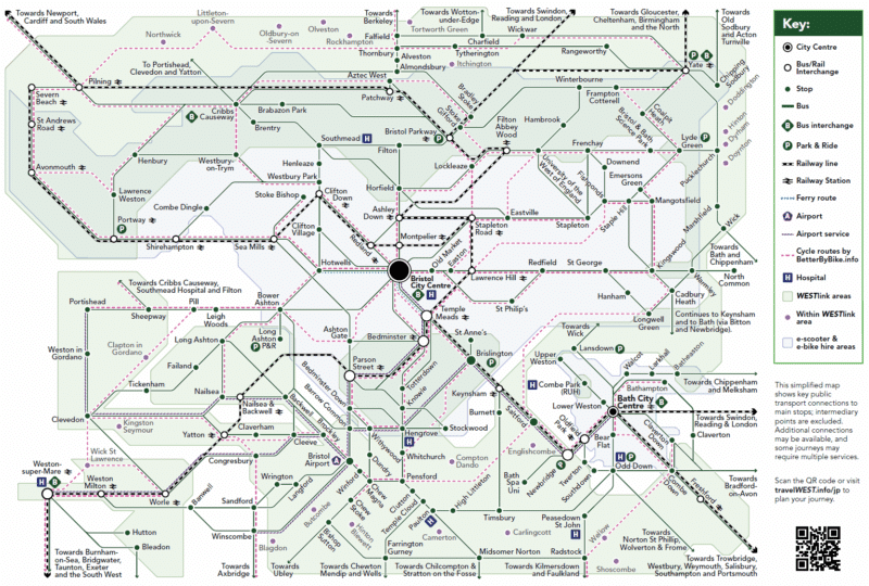A network map image of all the sustainable transport routes and options across the West of England area.