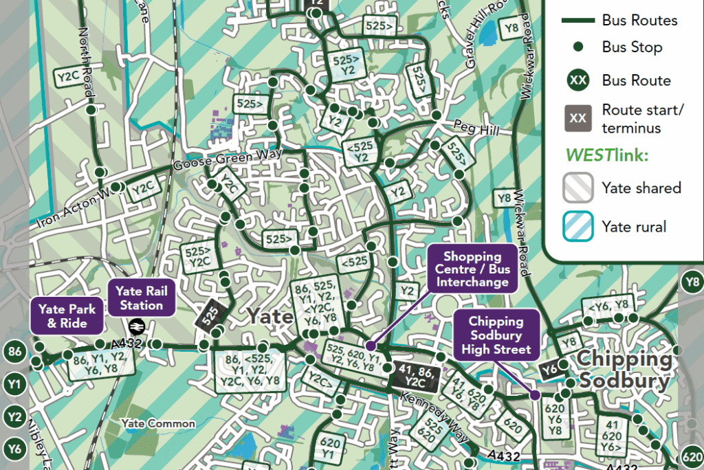 A map showing public bus routes. covering Yate and Chipping Sodbury