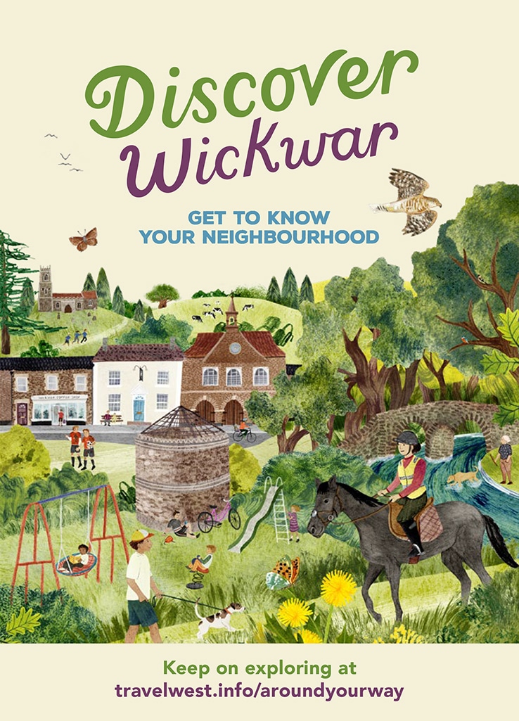 Discover Wickwar front cover of travel guide, with illustrations of play area with children playing, local high street, and a person on horseback.
