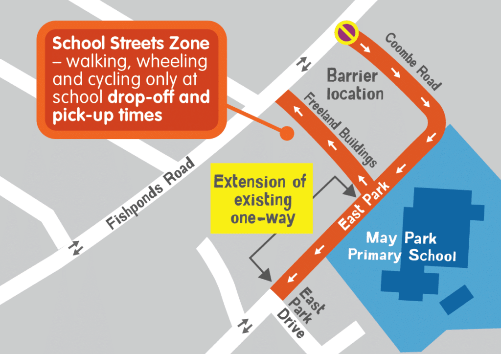 May Park Primary School streets map showing a section of roads, Coombe Road, Freeland Buildings and East Park as the new school streets area for walking and cycling only during school start and finish times.