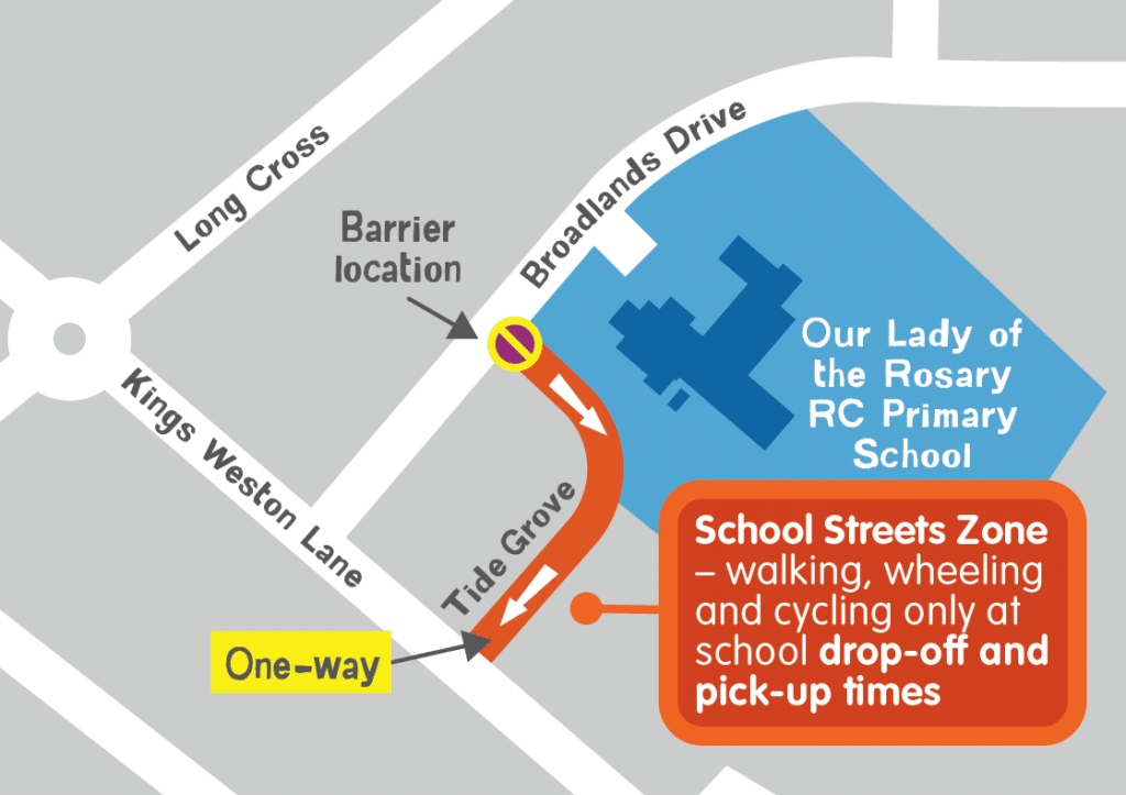 Our Lady of the Rosary RC Primary School streets map showing a section Tide Grove as the new school streets area for walking and cycling only during school start and finish times.