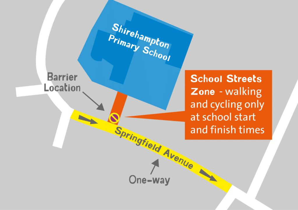 School streets zone map of Shirehampton Primary School and Springfield Avenue is highlighted in yellow to identify the restrictions and area affected.