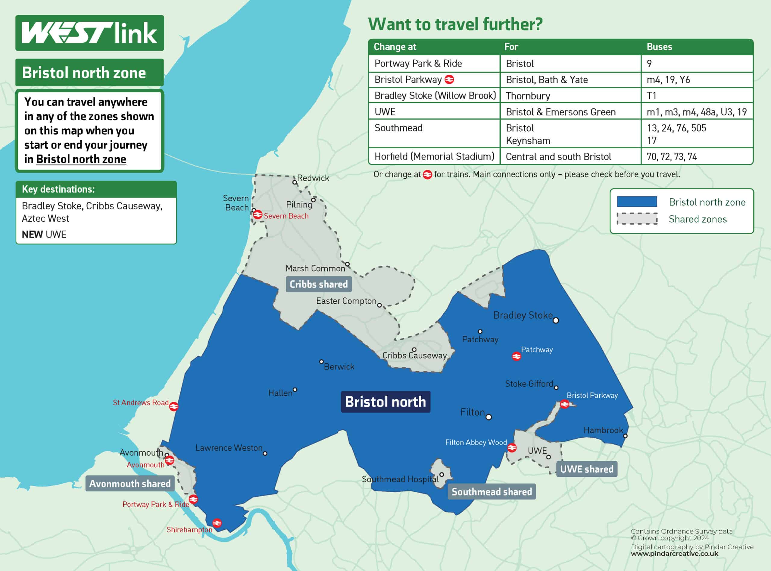 Bristol North zone map showing the boundaries and where you can travel. This information is also provided in an accessible version below.