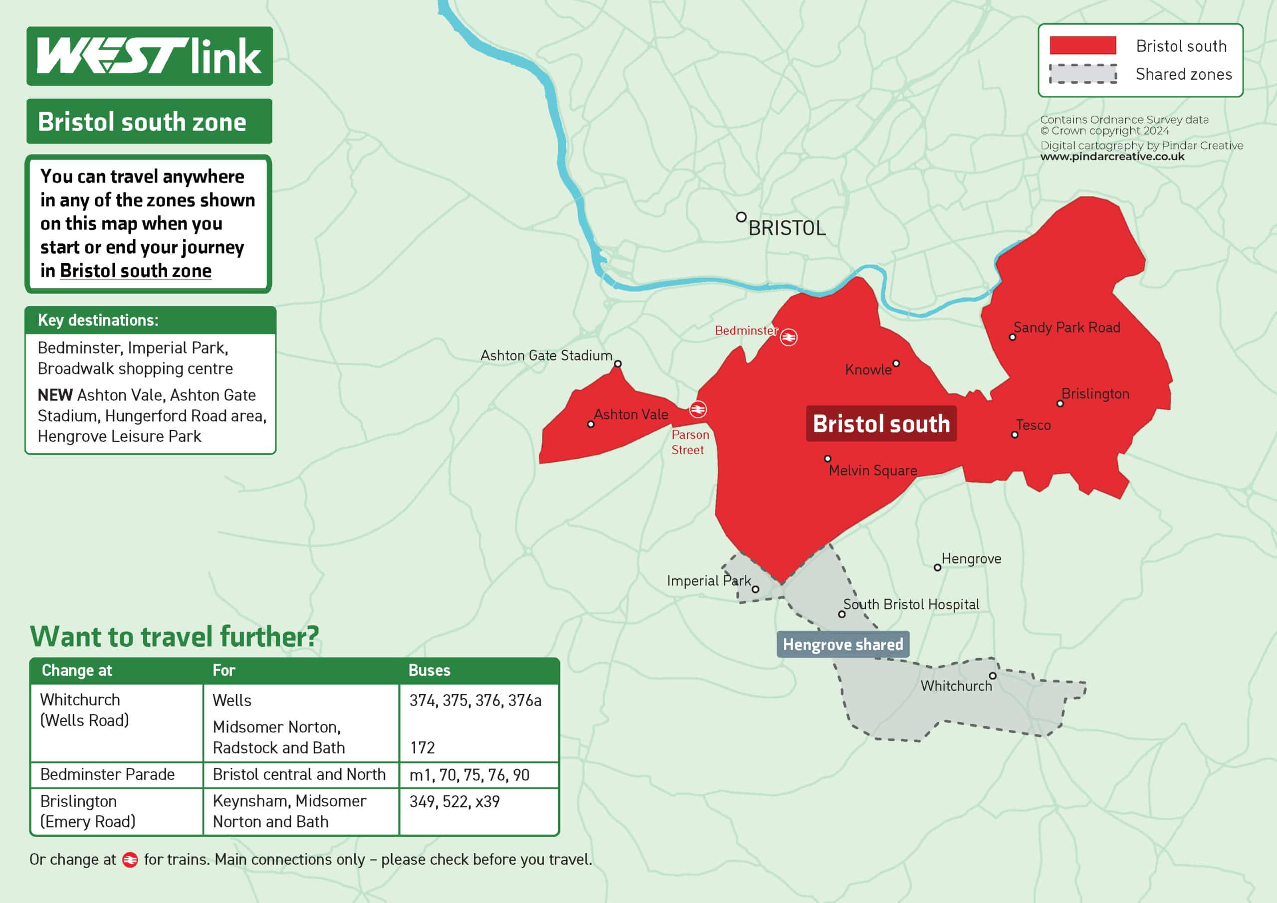 Bristol south zone map showing the boundaries and where you can travel. This information is also provided in an accessible version below.